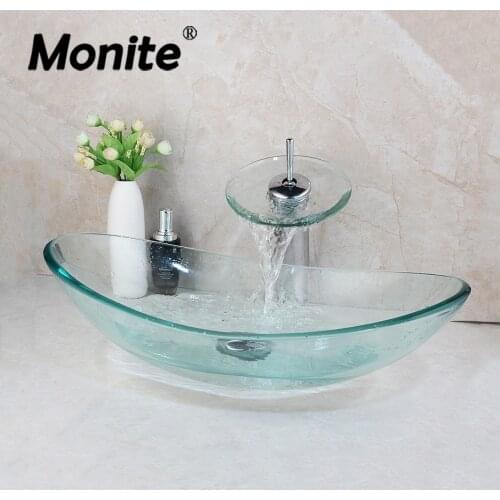Monite Tempered Glass Hand-Painted Lavatory Bathroom Bath Combine Sink Washbasin Chrome Brass Basin Waterfall Mixer Tap Faucet