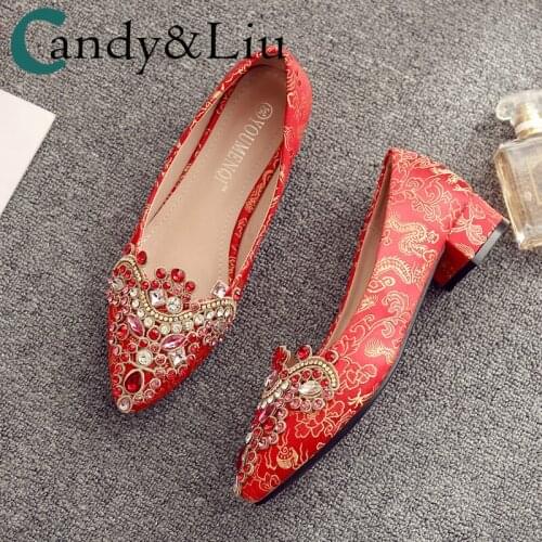 Chunky Heel Crystal Wedding Shoes Pregnant Women High Heel Red Embroidered Chinese Semi-High Heeled Bridal Shoes Small Size