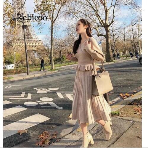 Knitting Pleated Skirt Suit Autumn Winter V Neck Sweater Pullovers Elastic Waist Long Skirt Sets 2 Piece Set