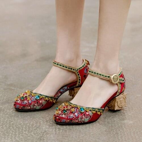 Spring Women Shoes High Heel Ladies Red/Yellow Pumps Round Toe Chunky Heels Girls Summer Sandals Fashion Wedding Bridal Shoes