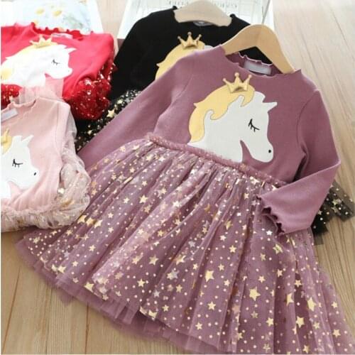 Girl Spring Dress Girl Fall Clothes Long Sleeve Cartoon Printed O-Neck Lace Patchwork Clothing Glitter Start Dress