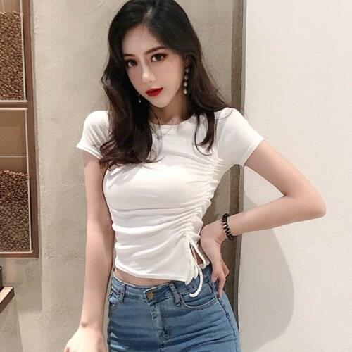 Women O-Neck Short Sleeves Tee Shirt Female T-shirt Fashion Drawstring Slim T-Shirt