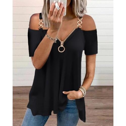 2021 Summer Holiday Women Casual V Neck Chain Cold shoulder Plain Black Short Sleeve Ladies Black T-Shirts Loungewear Blouses