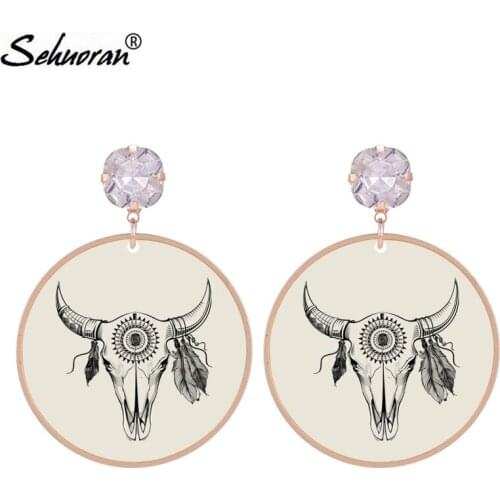 Sehuoran Oorbellen Aretes Brincos Round Pendientes Drop Earrings For Woman Bull Head Print Fashion Jewelry Wedding Wholesale