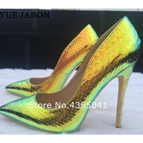 Color Change 12cm/10cm/8cm Yellow Snake pointed toe prom party sexy shoes woman big size women high heel wedding shoes pumps