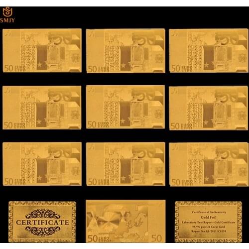 10Pcs/Set Collectibles Euro Gold Plated Banknotes Euro 50 Bank Notes Paper Money For Home Office Decoration