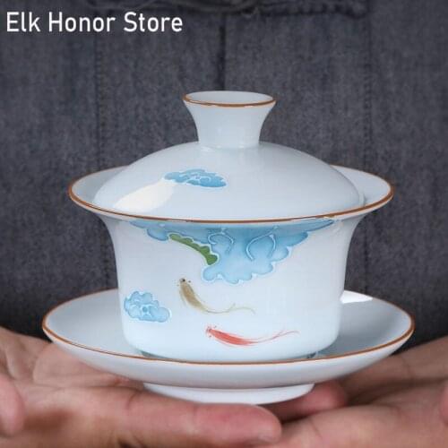 150ml Outline In Gold Sancai Tureen Hand-painted Landscape Gaiwan Hand-grabbing Tea Bowl Make Chrysanthemum Tea Teaware