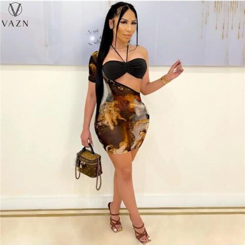 VAZN 2021 Fashion Sexy Club Party Style Sets Sleeveless Hanging Neck Short Top One Shoulder Mini Short Dresses Two Dress Sets