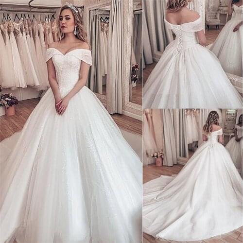 Off Shoulder Beading Ball Gown Wedding Dresses Pleated Lace Up Back Bridal Gowns Custom Made Vestidos De Mariee Princess