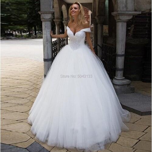 Ball Gown Sweetheart off the Shoulder Wedding Dresses Appliques Bodice Sweep Train Tulle Bridal Gowns 2020 Newest Bride Dress