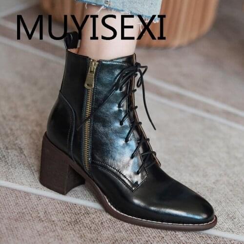 British school elegant fashion genuine leather 7cm high heels round toe lace up side zip hand sewing ankle boots MUC13 MUYISEXI