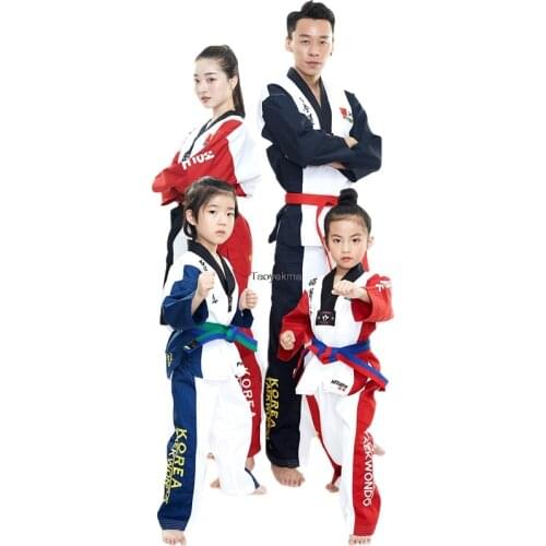 Colored Top Quality Adult Men Women Kids Taekwondo Uniform with Embroidery Taekwondo dobok Suit for training clothes T155