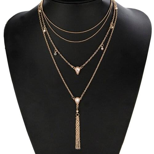 Gypsy Pearl Crystal Moon Multilayer Choker Necklaces Pendant Women bohemian layered ladies Tassel Bib Statement necklace Jewelry