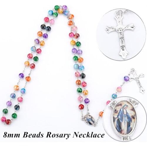 Vintage Catholic 8mm Rosary Cross Pendant Long Necklace Colorful Round Beads Virgin Mary Religious Jewelry Gift