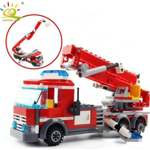 HUIQIBAO TOYS 244PCS Fire Fighting Engine Truck Cars Building Blocks For Children City Firefighter Figures DIY Bricks