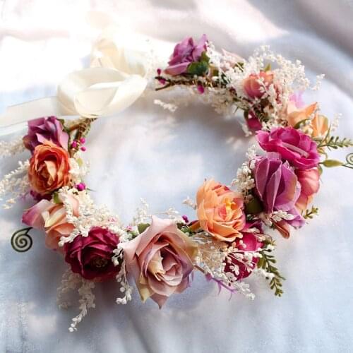 Flower garland Bride Bridesmaid Simulation Adjustable Dried flower headband wedding hair accessories for bride