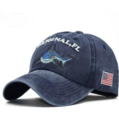 Embroidery Washed Cotton Shark Dad Hat For Men Vintage Baseball Cap Hip Hop Curved Fishing Cap Summer Fish Snapback Women Hat
