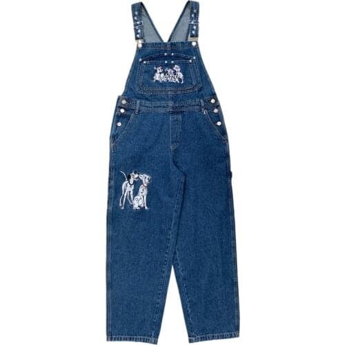Autumn Jeans Women College Style Denim Bib Pants Cute Puppy Embroidery Denim Jumpsuit Loose Overalls Harajuku Cartoon Rompers