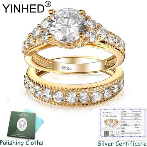 YINHED Wedding Rings Sets 925 Sterling Silver Rings for Women Gold Filled 2ct Cubic Zircon Eternity Stackable Band Ring ZR624