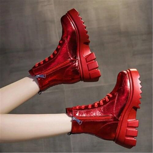 New Platform Sneakers Winter Warm Leather Casual Ankle Boots Female Fashion Chunky 7 CM High Heels Shoes Women 34-39 Black Red