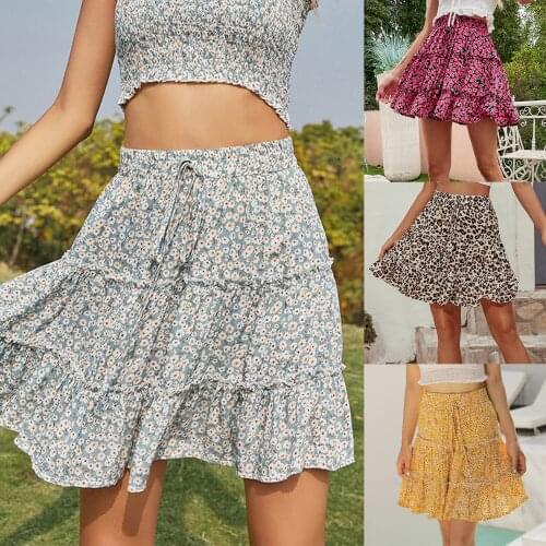 Summer Floral Print Boho Sexy Mini Skirt Women Bandage Fashion High Waist Frills Short Skirt For Women Plus Size Pleated Skirts