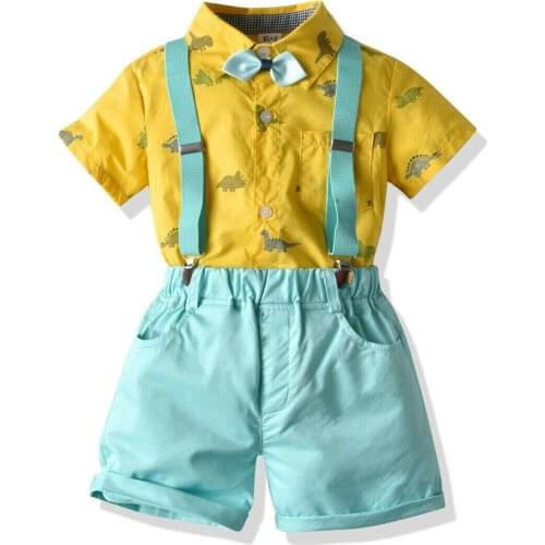 2020 Baby Summer Clothing Toddler Baby Boy Gentleman Clothes Bow Tie Shirt Tops Overall Shorts Pants Outfit Set Dinosaur Checked