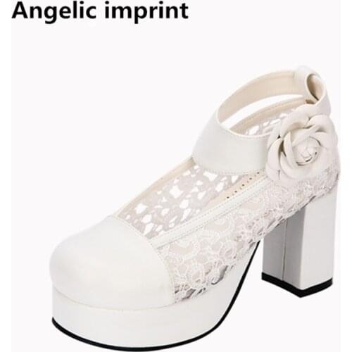 Angelic imprint Fashion woman mori girl lolita cosplay shoes lady high heels pumps women princess dress party shoes flower lace