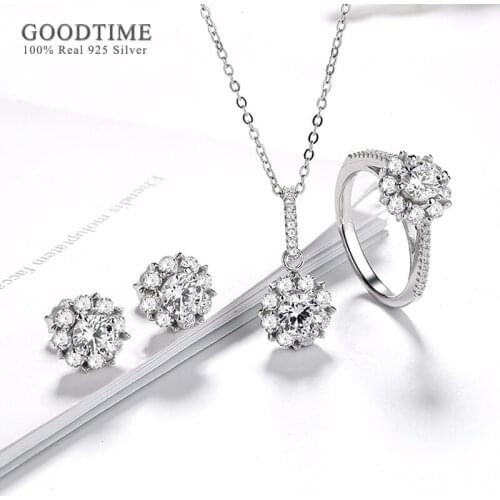 Trendy 925 Sterling Silver Bridal Jewelry Sets Flower Zircon Necklace Earrings Ring Rhinestone Accessories For Women Girl Party