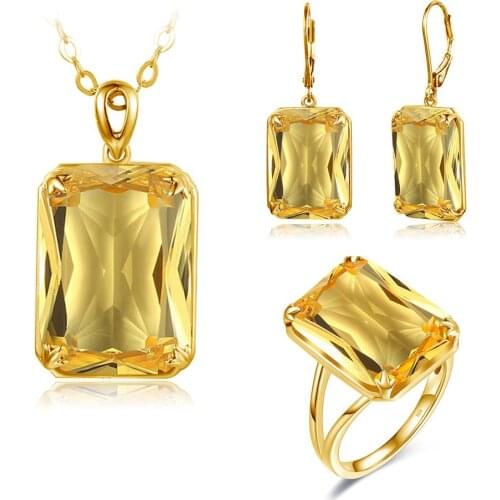 Szjinao 925 Silver Jewelry Set For Women Real 925 Sterling Silver Cristal Yellow Gold Color Pendant Earrings Ring Bridal Set New