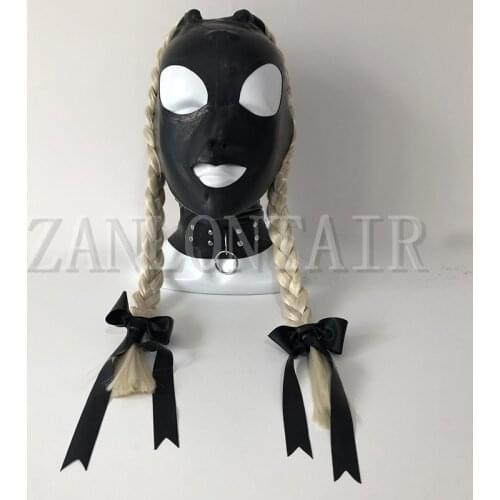 New exotic sexy transvestite lingerie handmade black latex hoods mask cekc with double two pigtail Twisted braids wig fetish