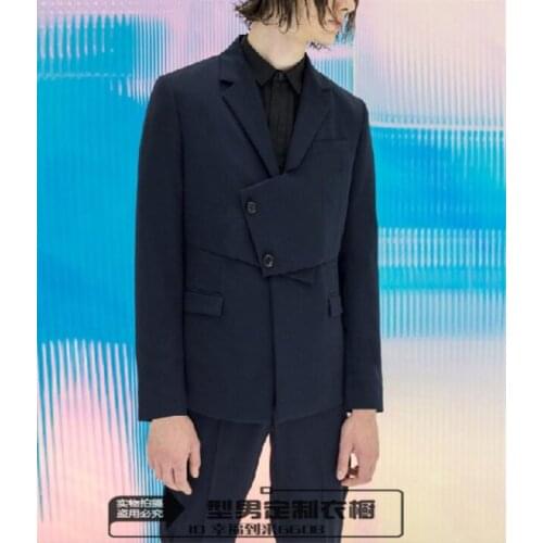 New trendy mens slim youth suits asymmetric suit stitching fake two-piece versatile jacket