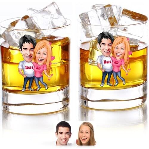 Personalized Colorful Printed Valentine Caricature Of Dual Whisky Bardağı-5 Gift Special Design Handmade Goblet Name written