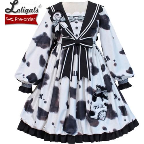 Cow Print Long Sleeve Lolita Dress Sailor Collar Dress by Alice Girl ~ Pre-order