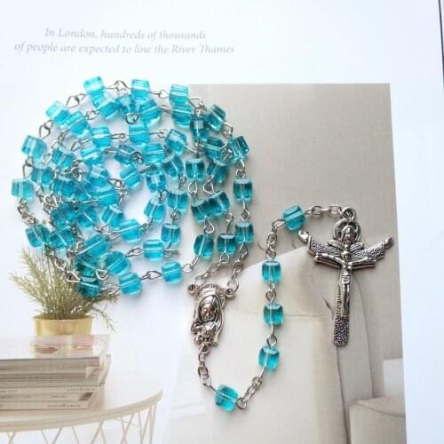 QIGO Blue Squar Crystal Long Rosary Necklace Cross Pendant Catholic Religious Pray Jewelry