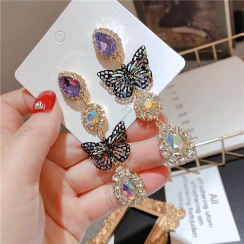 Luxury Crystal Butterfly Water Drop Earrings Fashion Long Drop Earrings Temperament Party Jewelry Wholesale