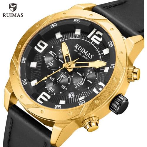 RUIMAS Luxury Gold Watches Men Leather Strap Military Casual Wristwatch Man Chronograph Quartz Watch Relogio Masculino Clock 595