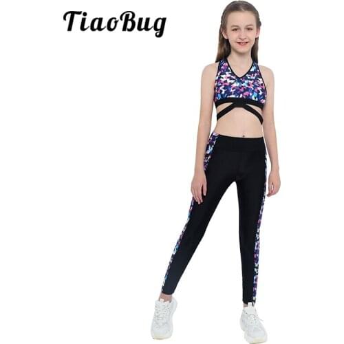 TiaoBug Kids Teens Tracksuit Geometric Print Crop Top Leggings Yoga Pants Sports Suits Sets Girls Ballet Gymnastics Dance Wear