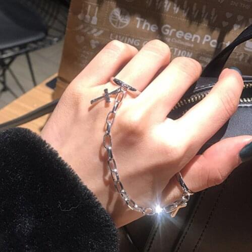 Vintage Hip Hop Punk Silver Color Metal Cross Ring Chain Adjustable Joint Ring Finger Rings For Women Men Party Jewelry Gifts