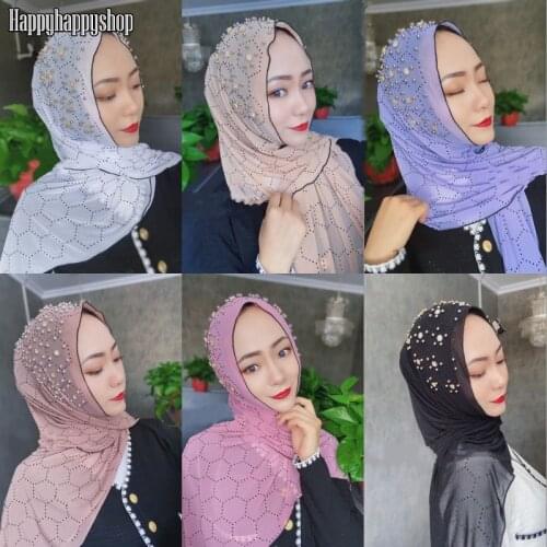 High Quality Luxury Scarf Women Muslim Headwear Handmade Beaded Hijab Long Shawls Islamic Headband Wrap Arab Party Scarves