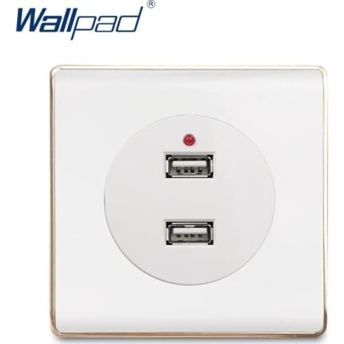 Wallpad 2 USB Charger Port Socket Wall Socket Electric Outlet White PC Panel With Gold Edge For Home 5V 2400MA