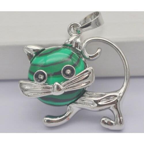 Green Malachite Stone GEM Pendant Lovely Cat Animal Jewelry For Woman Gift S3242
