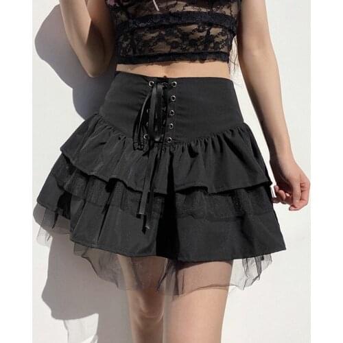 Richkeda Store New 2021 Goth Aesthetic Lace Up Gothic Skirt Mini Skirt For Women Dark Academia Mesh Patchwork A-Line Skirt Punk