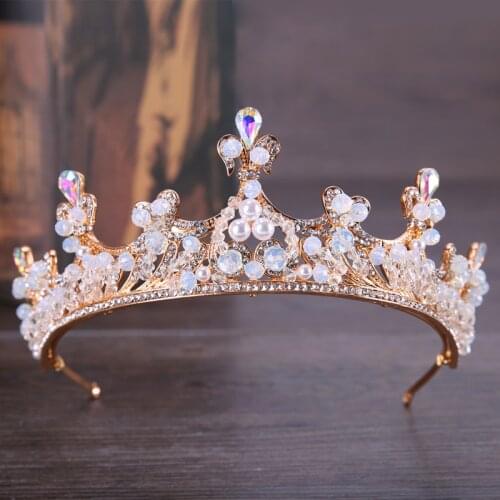 Vintage Gold Tiaras And Crown Pearl Headband Rhinestone Diadem For Wedding Women Hair Jewelry Bridal Hair Accessories Headdress