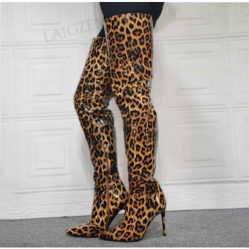 DOHBANER Women Over The Knee Boots Shiny Leopard Sexy Thin Heels Thigh High Heels Zapatos Mujer Shoes Woman Big Size 39 40 44 47