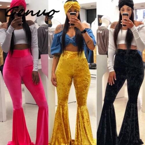 Genuo Women Autumn Winter Velvet Long Flare Pants Streetwear Sexy High Waist Trousers Casual Velour Red Black Bell Bottom Pants