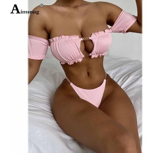 Women Bikini Sets Raglan Sleeves Swimsuit Sexy Femme Push Up Two Pieces Swimwear Pink White Fashion Metal Connect Bathing Suits