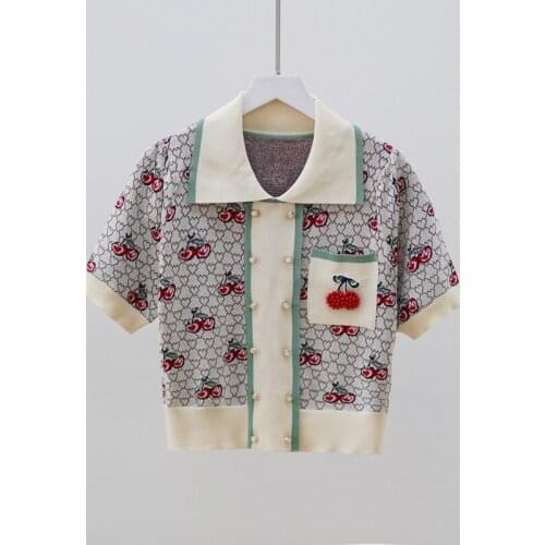 Knit Beaded Cherry Jacquard Womens Tops Summer Thin Pullover Lapel Pearl Double-breasted Casual Sweater Female Short Sleeve