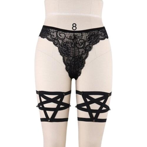 Women pastel goth liguer Pentagram garter belt fetish bondage lingerie cage harness stocking body harness strap bra rave wear