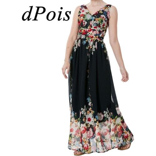 Womens Flower DressesSexy V Neck Floral Print Dress Women Party Dress Femme Sundress Summer Beach Chiffon Long Dress Vestido