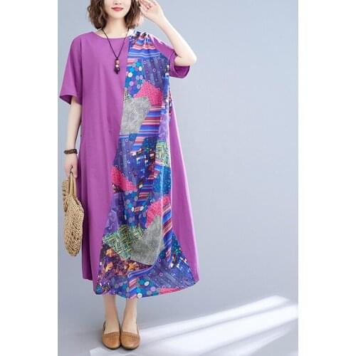 Fashion 2021 New Asymmetrical Patchwork Print Floral Vintage Dress Short Sleeve Summer Dress Female Holiday Casual MaxicDress